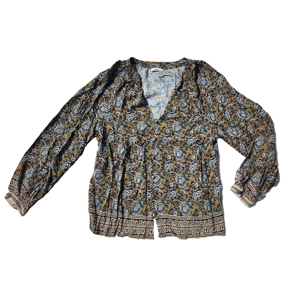 Faherty Naomi Women Mustard Teal Floral Block Print Viscose V-Neck Blouse Sz M